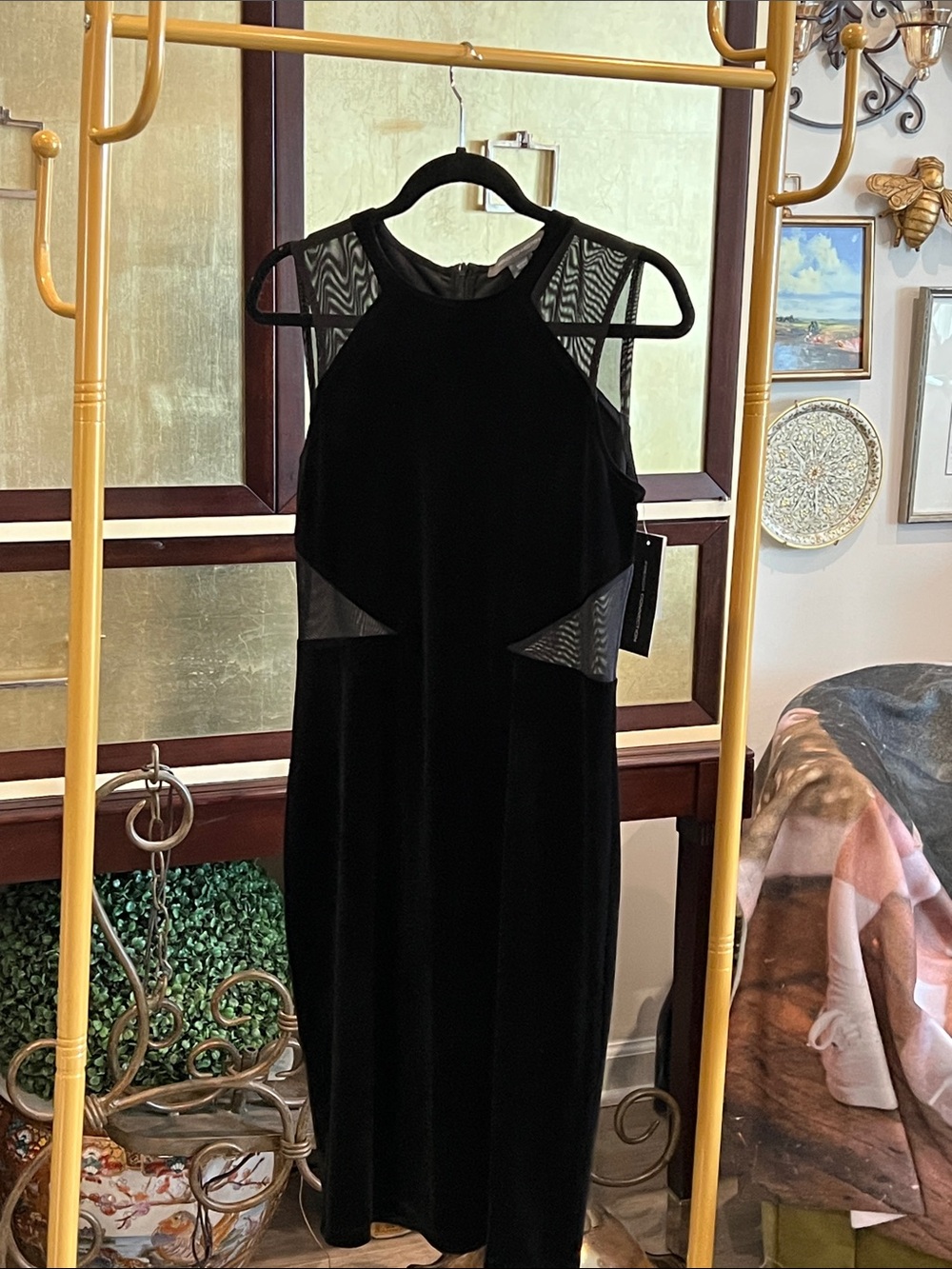 French Connection Black Velvet Midi Dress with Mesh Insets